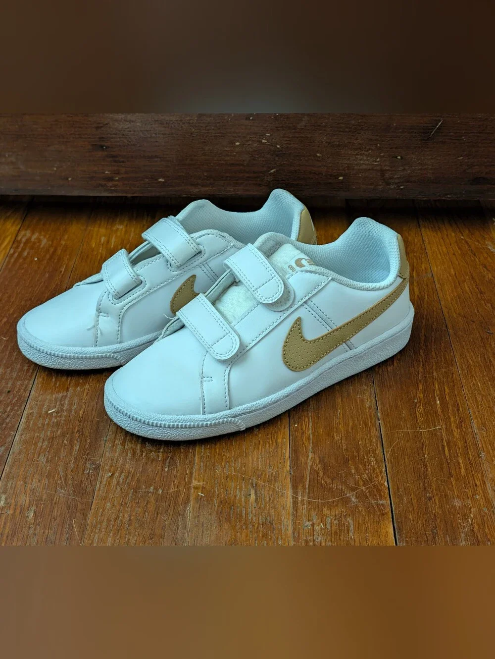 Nike Kids White Sneakers with Gold Swoosh Velcro
